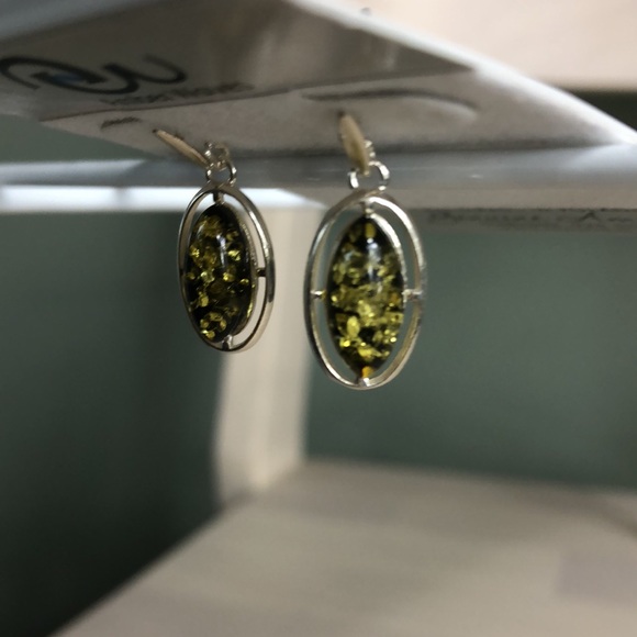 Green Baltic Amber Drop Earrings Sterling Silver Dangle - Picture 5 of 9